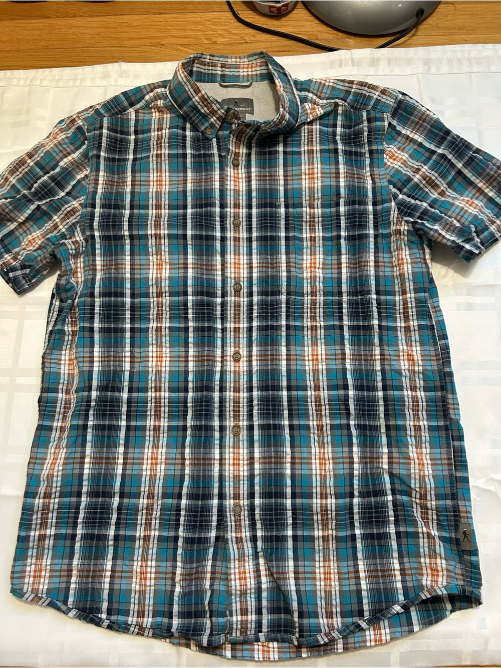 Royal Robbins Plaid Short-Sleeve Button-Down Shirt - Teal, Brown & White - Picture 1 of 4